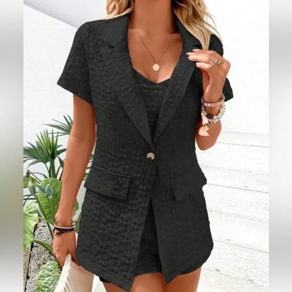 SHEIN 3 Piece Set Privé Solid Cami Top & Shorts & Single Button Blazer Black XL - Picture 15 of 15